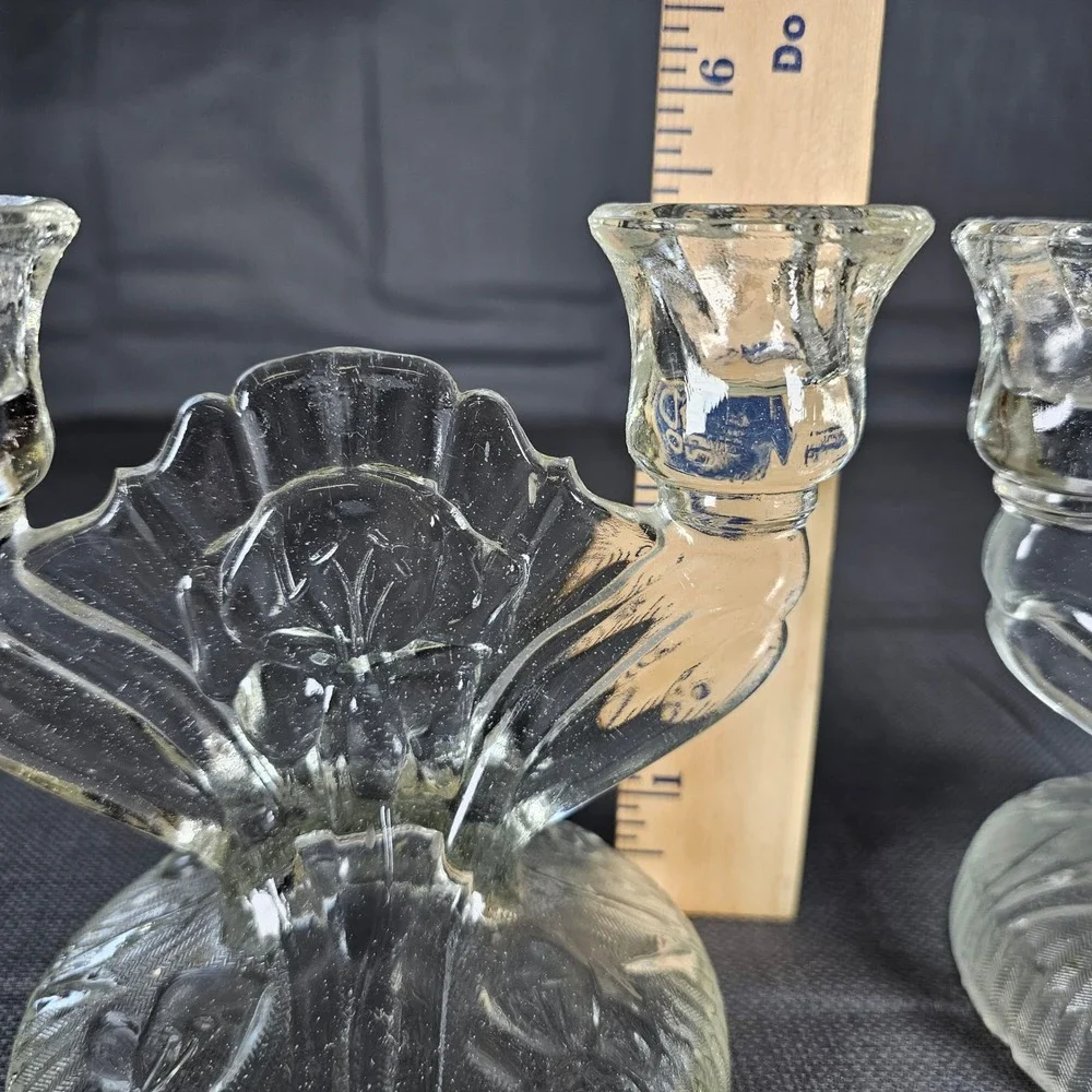Vintage Clear‎ Glass Double Candle Holder Set Elegant Candlelabra Decor
